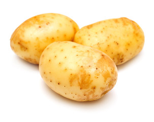 Group of young potatoes isolated on white background. Harvest new. Flat lay, top view