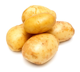 Group of young potatoes isolated on white background. Harvest new. Flat lay, top view