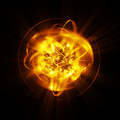 3D Atom icon. Luminous nuclear model on dark background. Glowing energy balls. Molecule structure. Trace atoms and electrons..Physics concept. Microscopic forms. Nuclear reaction element. Supernova