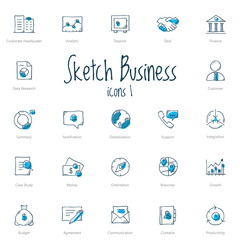 Set of black sketch business icons with blue accent isolated on light background.