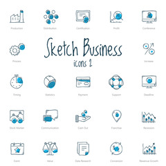 Set of black sketch business icons with blue accent isolated on light background.