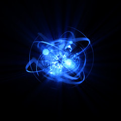 3D Atom icon. Luminous nuclear model on dark background. Glowing energy balls. Molecule structure. Trace atoms and electrons..Physics concept. Microscopic forms. Nuclear reaction element. Supernova