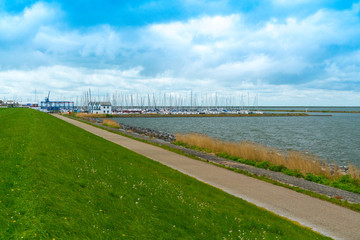 Lelystad, The Netherlands, April 23, 2013: Far away view of the Lelystad pleasure boat harbor of Flevo Marina at the IJselmeer