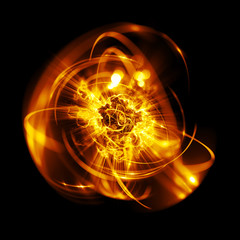 3D Atom icon. Luminous nuclear model on dark background. Glowing energy balls. Molecule structure. Trace atoms and electrons..Physics concept. Microscopic forms. Nuclear reaction element. Supernova