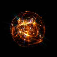 3D Atom icon. Luminous nuclear model on dark background. Glowing energy balls. Molecule structure. Trace atoms and electrons..Physics concept. Microscopic forms. Nuclear reaction element. Supernova