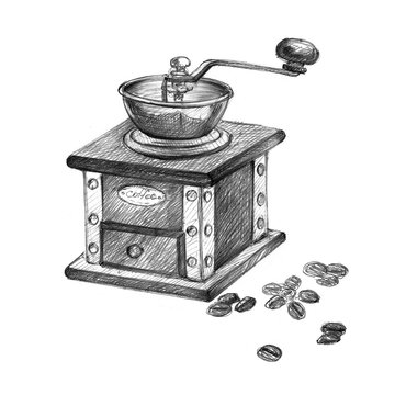 Hand drawn vintage coffee grinder with coffe beans. Pencil drawing.
