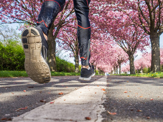 Sportschuhe oder Laufschuhe laufen über Asphalt Fußweg einer Allee