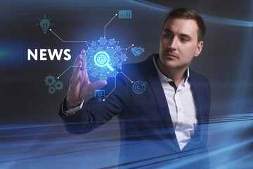 Business, Technology, Internet and network concept. Young businessman working on a virtual screen of the future and sees the inscription: News