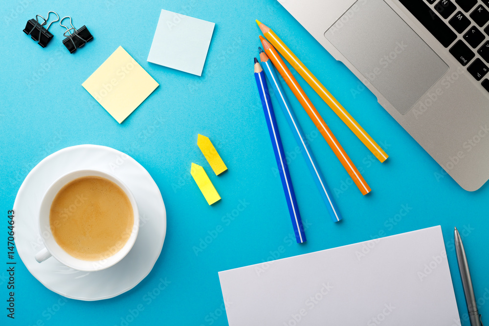 Aufkleber start of morning work office desk with a cup of coffee computer laptop pencil sheet paper notebook p