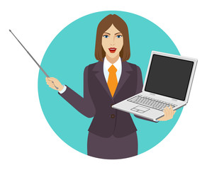 Businesswoman holding a pointer and laptop notebook
