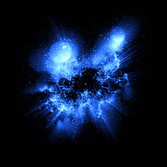 Obraz na płótnie Canvas 3D Atom icon. Luminous nuclear model on dark background. Glowing energy balls. Molecule structure. Trace atoms and electrons..Physics concept. Microscopic forms. Nuclear reaction element. Supernova