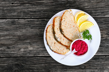 Jewish whitefish cut in slices, top view