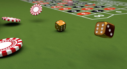 Casino theme, playing chips and gold dices on a gaming table, 3d illustration.