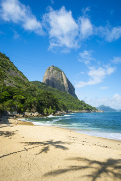 Scenic afternoon view of Praia Vermelha Red Beach with Sugarloaf Mountain in Rio de Janeiro, Brazil