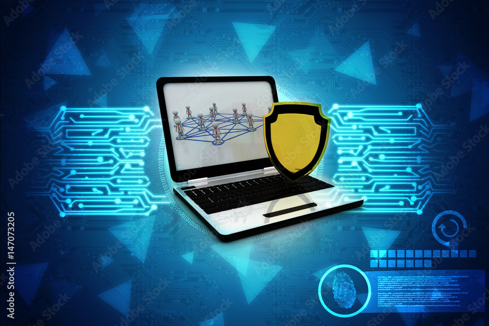 Poster laptop with shield. isolated 3d rendering image