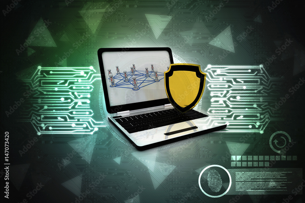 Poster laptop with shield. isolated 3d rendering image