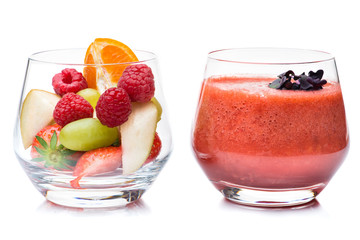 Fruit smoothie in a glass and ingredients