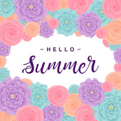 Summer background with flowers, Lettering "Hello Summer". Vector illustration.