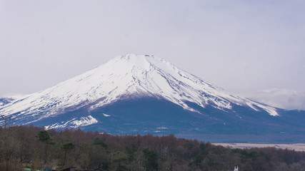 Fototapeta na wymiar Fuji mount with snow on top in spring time at Yamanaka lake