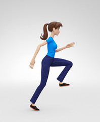 Ambitious, Athletic and Confident Jenny - 3D Cartoon Female Character Model - in Ambitious Pursuit Climbs Up as Fast Running Athlete, in Casual Clothes, Isolated on White Spotlight Background