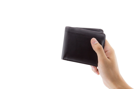 Male Hand Holding Wallet Isolated Over White Background With Clipping Path.