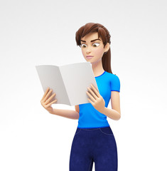 Blank Magazine Cover or Brochure Mockup Held by Puzzled and Engaged Jenny - 3D Cartoon Female Character in Casual Clothes as Presentation of Information or Advertisement, Isolated on White Background