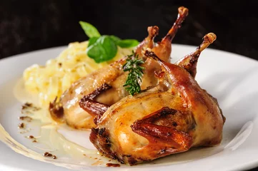 Fotobehang Roasted or fried quail with herbs and tagliatelle © starush