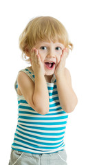 funny child boy with hands close to face isolated on white background