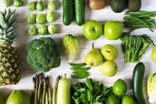 Top view of green fruits and vegetables