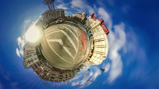 Mini Planet 360 Degree Lev Tolstoy Square Globalization Traffic on Unrepaired Road Kiev Sights Buildings Facades Springtime Cityscape in Warm Sunny Day