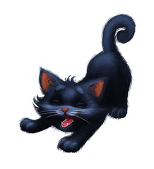 Cute Little Furry Kitten - Cartoon Animal Character Stretching with Eyes Closed - Hand-Drawn...