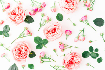 Pink roses, petals, buds and leaves on white background. Flat lay, top view. Floral pattern