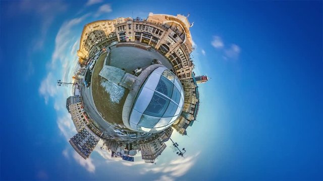 Little Tiny Planet Kiev Sights Bessarabska Square 360 Degree Mini Planet Marvelous Springtime Cityscape in Warm Sunny Day Soft Sunset Light in Old Town