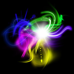Colorful Abstract Light Shape with Fractal Effect, Bright Flare with Glowing Waves of Lines - High-Resolution Elements Isolated on Black Background Easy to Apply to Your Design