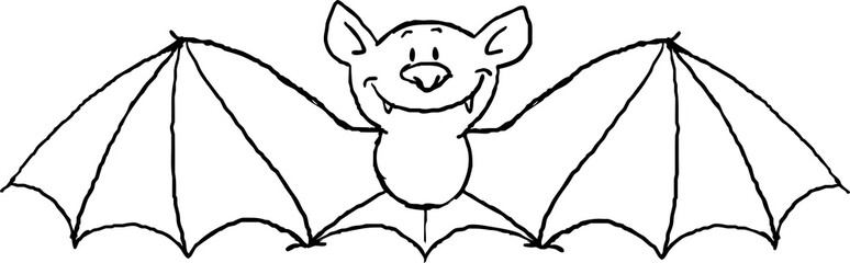 flying bat cartoon isolated on white - black and white vector illustration