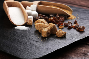 Various types of sugar, brown sugar and white