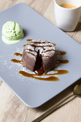 Chocolate fondant lava cake with caramel topping and ice cream
