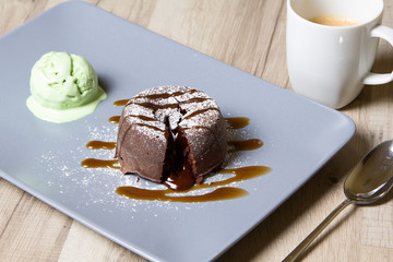 Chocolate fondant lava cake with caramel topping and ice cream