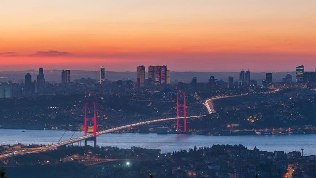 Istanbul city skyline cityscape time lapse from day to night view of bosphorus bridge and financial business center