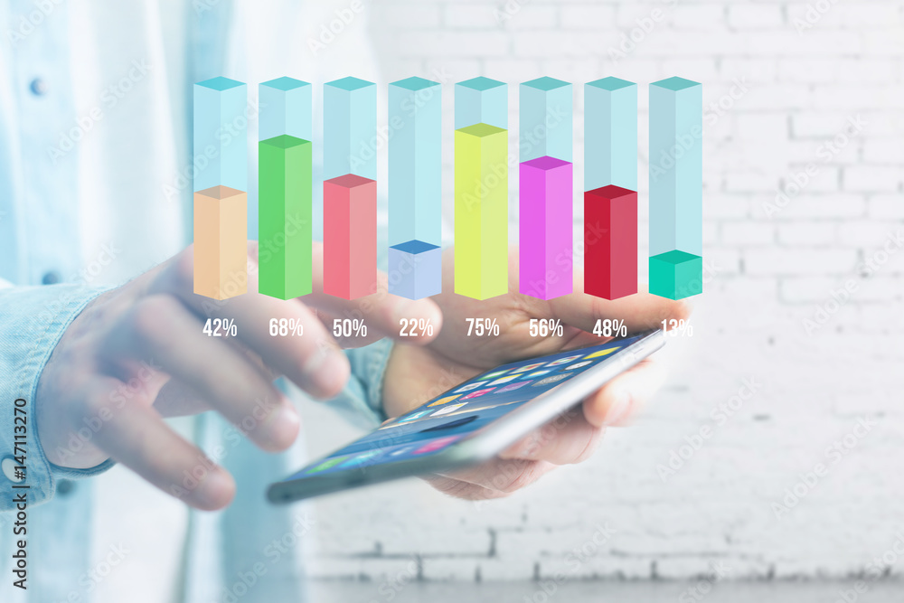 Poster colorfull survey stick graph interface with percentage over a device - technology concept