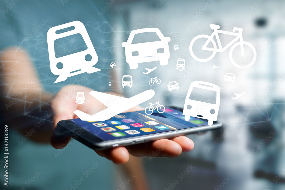Poster concept of checking different way to go on holidays on a device - travel concept