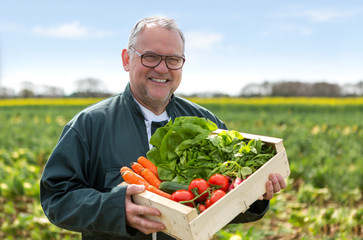 Senior attractive farmer harvesting vegetables in a field - Nature concept