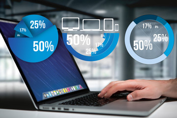 Blue survey graph interface with business theme going out a laptop - Technology concept