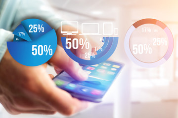 Blue survey graph interface with business theme going out a smartphone - Technology concept