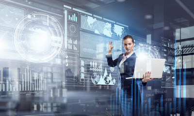 Woman with laptop in hands. Mixed media