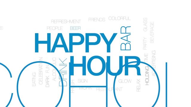 Happy hour animated word cloud, text design animation. Kinetic typography.