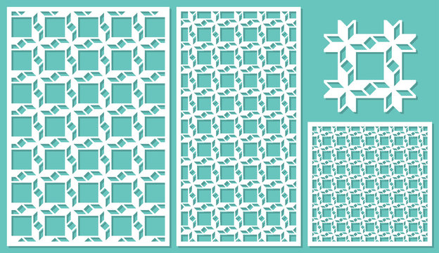 Set of decorative panels laser cutting. Universal geometric pattern. The ratio of 2: 3, 1: 2, 1: 1, seamless. Vector illustration.