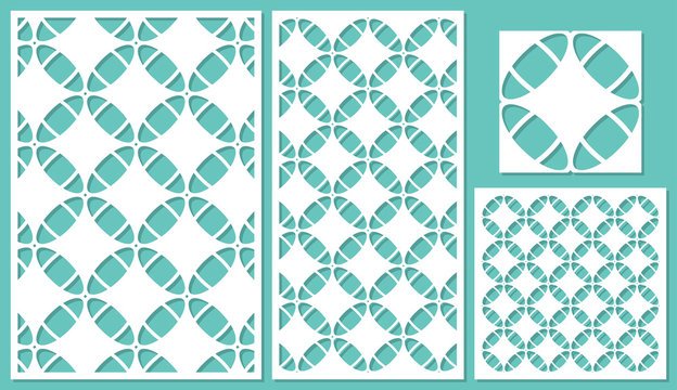 Set of decorative panels laser cutting. Linear geometric pattern. The ratio of 2: 3, 1: 2, 1: 1, seamless. Vector illustration.