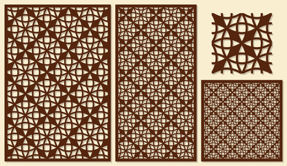 Set of decorative panels laser cutting. Universal mesh geometric diagonal pattern. The ratio of 2: 3, 1: 2, 1: 1, seamless. Vector illustration.