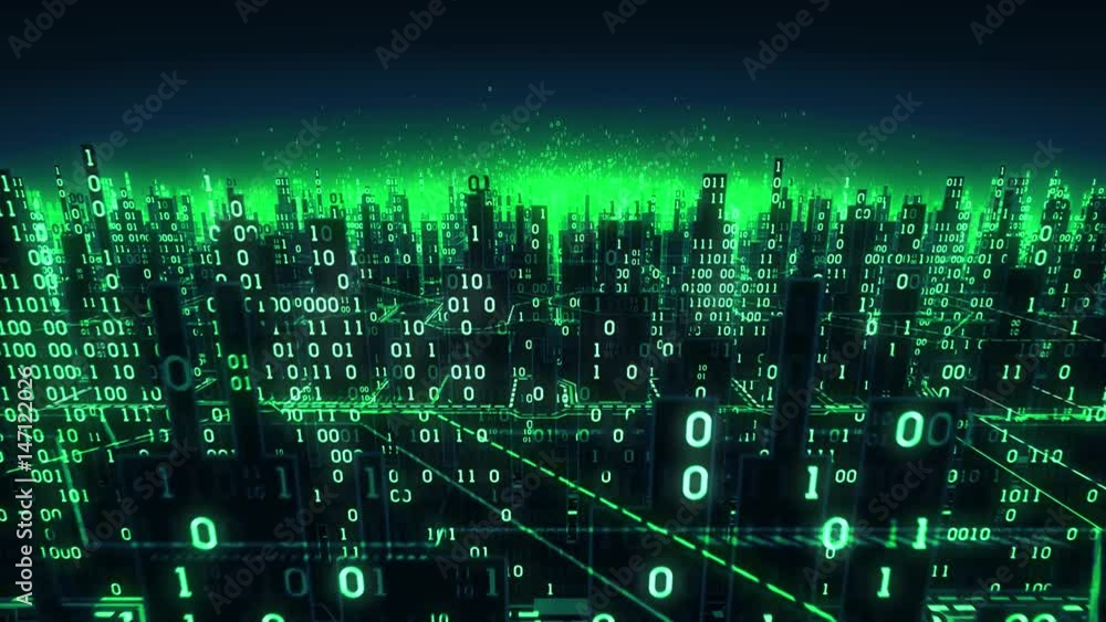 Poster aerial view of abstract futuristic digital city, a high-tech background with binary arrays connected